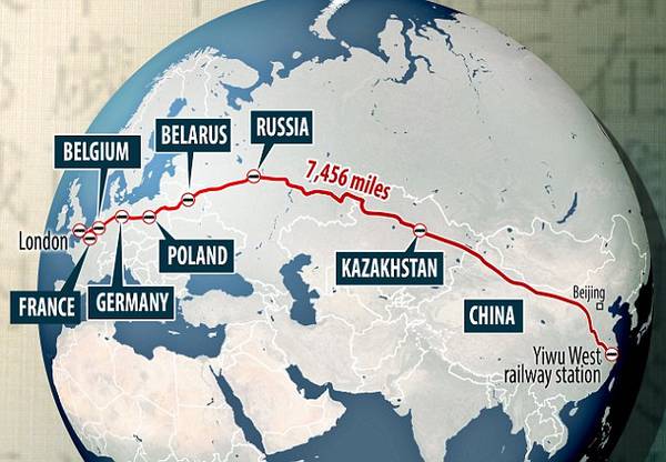 По пути из Китая в Восточный Лондон, поезд с грузом на £4 миллиона движется по территориям девяти стран map-train.jpg